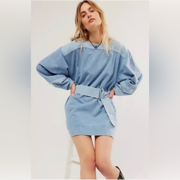 Free People Dresses & Skirts - Free People Ora Dark Combo Denim belted Mini Dress‎ size XS new